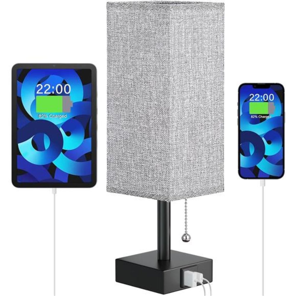 Bedside Lamp for Bedroom with USB Ports - Grey Table Lamp with USB C + A